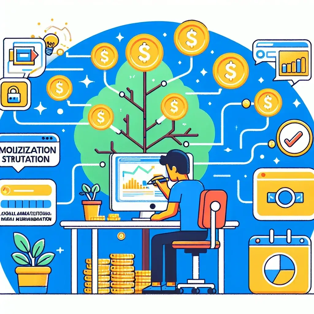 "Strategi Monetisasi Konten Digital untuk Kreator Lokal Indonesia: Gambar ilustratif yang menampilkan seorang kreator konten yang sedang bekerja di laptop, dikelilingi oleh peralatan digital dan media sosial, menggambarkan pentingnya strategi monetisasi untuk meningkatkan pendapatan kreator lokal di Indonesia."